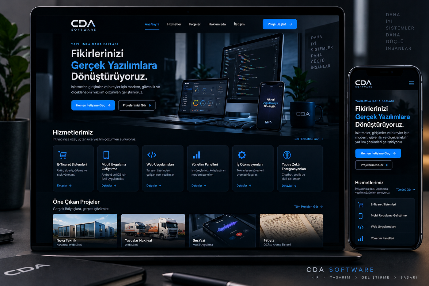 CDA Software kurumsal sitesinin dizüstü ve telefon üzerindeki arayüz mockup’ı